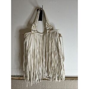 Big Fringe Handbag With Crossbody Strap Y2K Ivory White With Gold Accents
